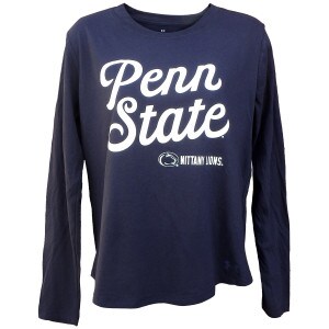 women's navy Under Armour long sleeve t-shirt with script Penn State, Athletic Logo, and Nittany Lions